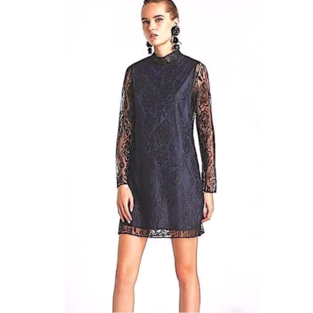 ZARA Navy Blue Black Lace Overlay Long‎ Sheer Sleeve Mini Dress Medium